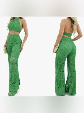 Emerald Green Crochet Wide-Leg Pants 💚 SASSY SUMMER STATEMENT SET 💚 SIZE SMALL